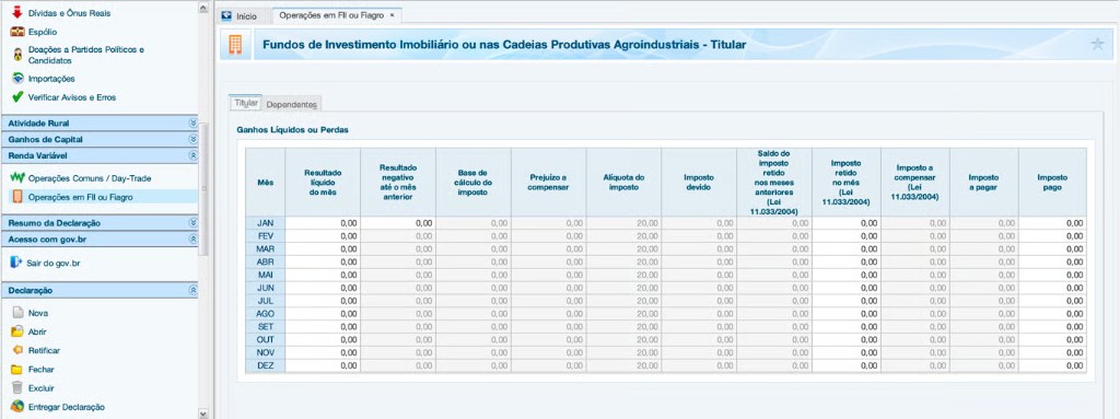 Tela de Renda Variável para FII ou Fiagro no programa do Imposto de Renda